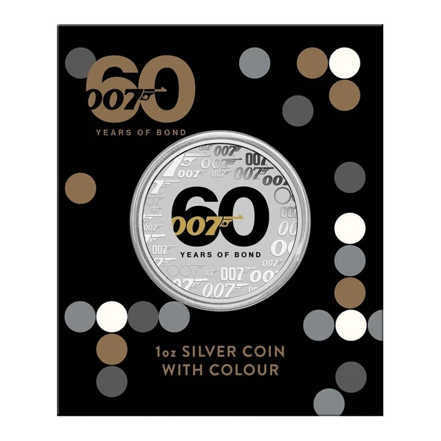 2022 JAMES BOND 60th Anniv 1oz 9999 Silver Coin w/Colour, Limited Issue Card