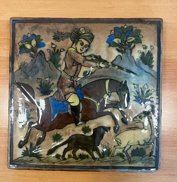 Large Antique Qajar Style Persian  Pottery Tile Plaque of Man Hunting With Dog