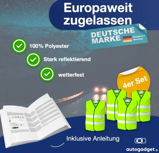 autogadget® 4X Warnwesten - Pannenweste 2024 ISO20471 Sicherheitsweste Neongelb 3