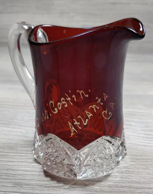 Ruby Flash Clear Textured Glass Pitcher Mrs Gostin Atlanta GA 1903 Anitque