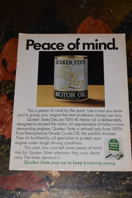 Vintage 1972 Quaker State Motor Oil Peace of Mind Print Ad.