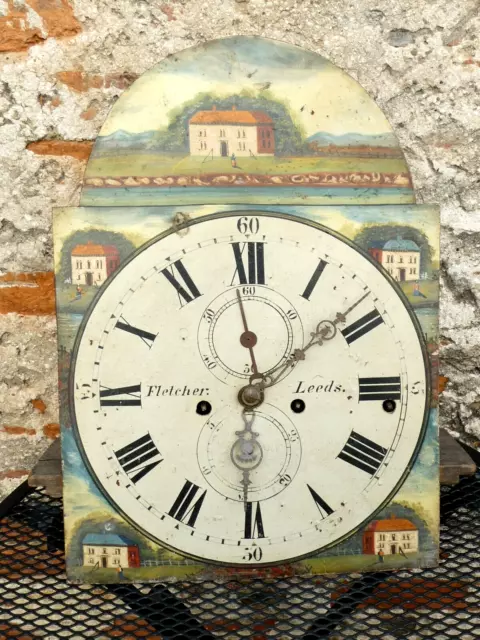 19thC FLETCHER LEEDS Enamel Long Case Clock Dial & 3 TRAIN Movement a/f