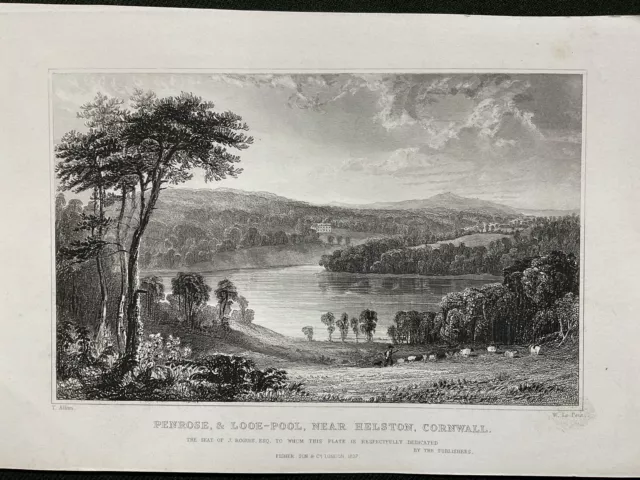 Penrose & Loe-Pool near Helston, Cornwall, after Allom, Antique Print, c1831