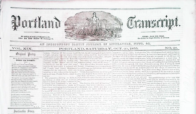 -Rare- 1855 -Dinosaurs/Black Slavery- Vintage Portland, Maine Newspaper