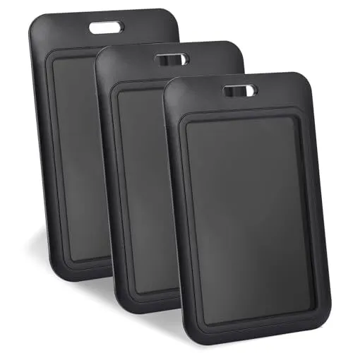 3 Pcs Sliding ID Badge Holder Hard Black Vertical Plastic Card Case Protector