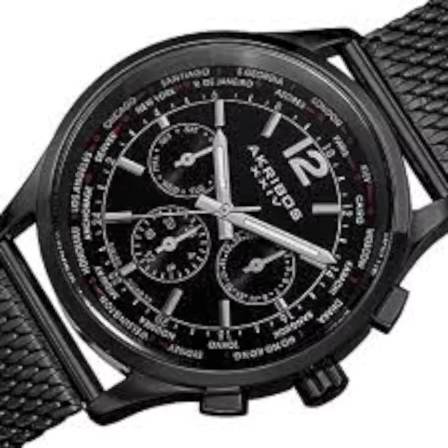 NEW Akribos XXIV AK716BK Mens Explorer Swiss Multifunction BLK Steel Mesh Watch