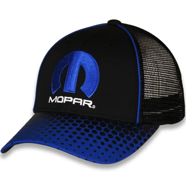 Mopar Men's Official Licensed Embroidered Logo Mesh Trucker Hat Cap - Black/Blue