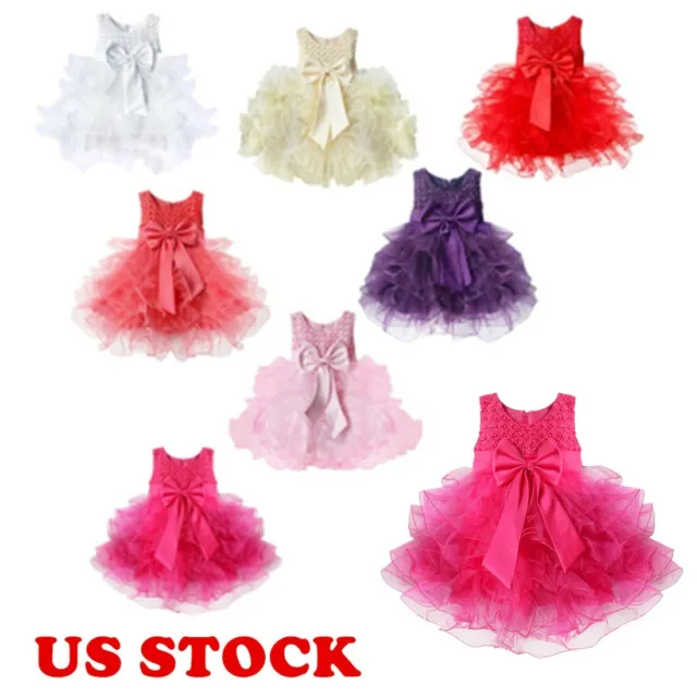 US Baby Girls Beaded Bowknot Flower Dress Ruffle Princess Formal Party Ball Gown