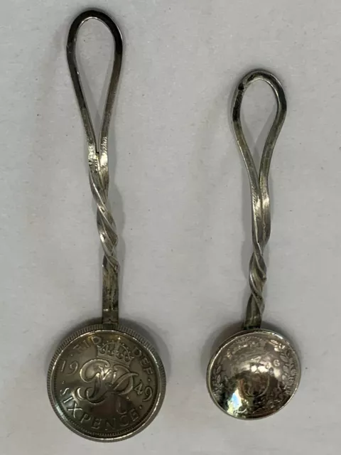 Antique coin bowl salt spoon pr queen Victoria 3 pence King George VI 6 pense