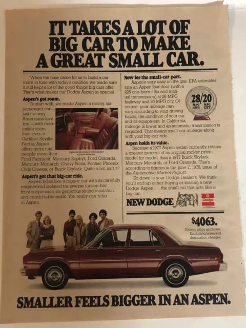 1978 Dodge Aspen Vintage Print Ad pa5