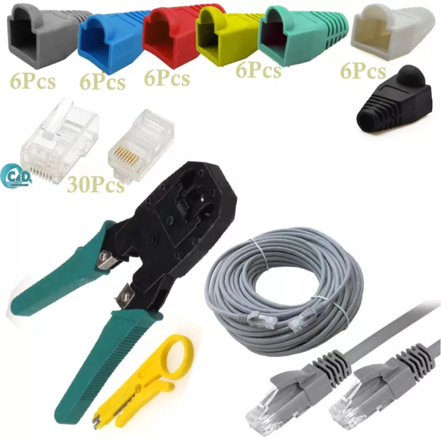 30m RJ45 Ethernet Network Cat5e Cable/Connectors/Boots/Cutter/Crimping Tool Kit