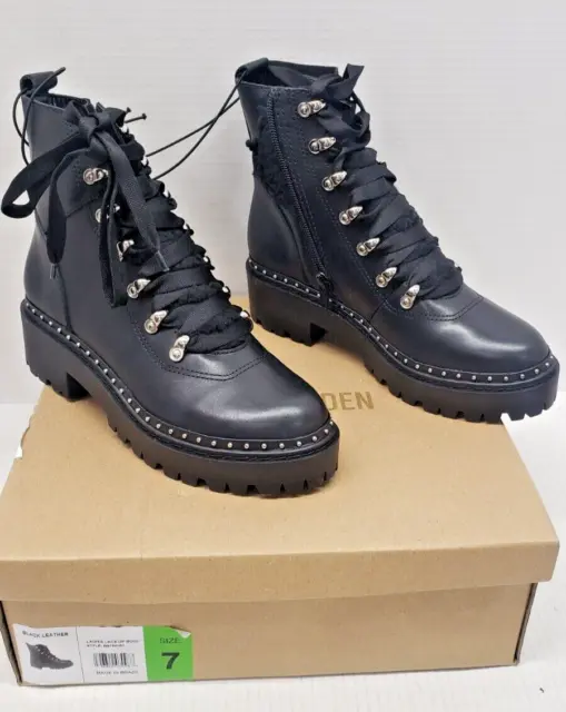 Steve Madden Women's Black Leather Inside Zip Functional Lace Up Boots - Size 7
