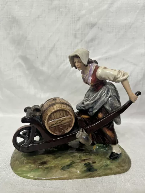 Vintage Capodimonte Porcelain Woman Pushing Barrel Beer Maid Figurine Italy