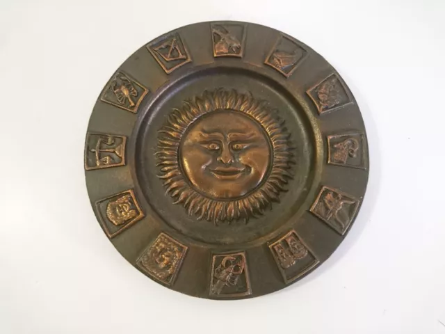 Vintage Tin Plate With Zodiac Signs And Sun, Celestial Decoration MCM 1960s
