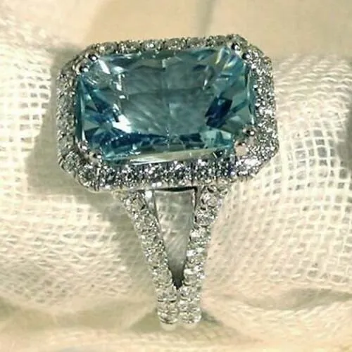 4CT Emerald Cut Aquamarine Diamond Solitaire Engagement Ring 14K White Gold Over