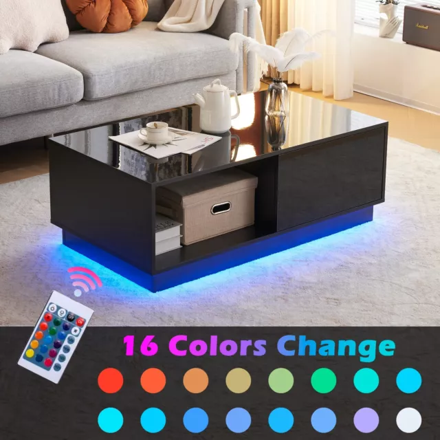 LED Coffee Table with Lights Center Cocktail Table Living Room High Gloss Black