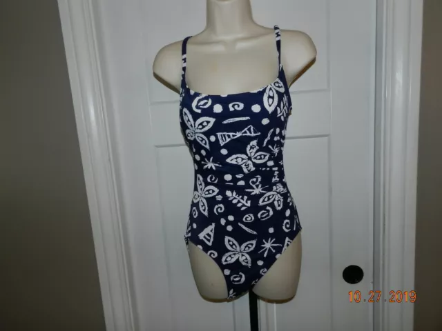 Rose Marie Reid Floral NAVY BLUE WHITE One Piece Swimsuit Size 10