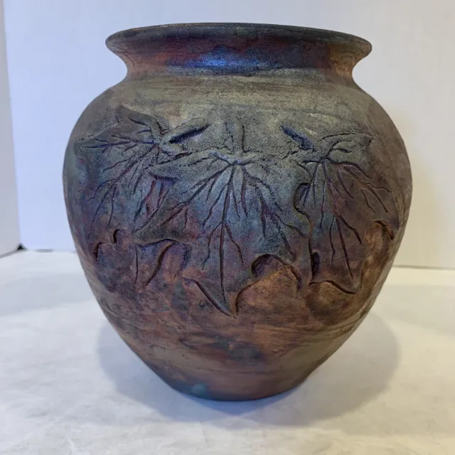 John Clayton Raku Art Pottery Vase Stamped Signed Applied Leaves