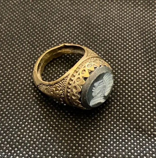 Ancient Roman Ring Bronze Rare Antique Intaglio Engraved Warrior Stone Amazing