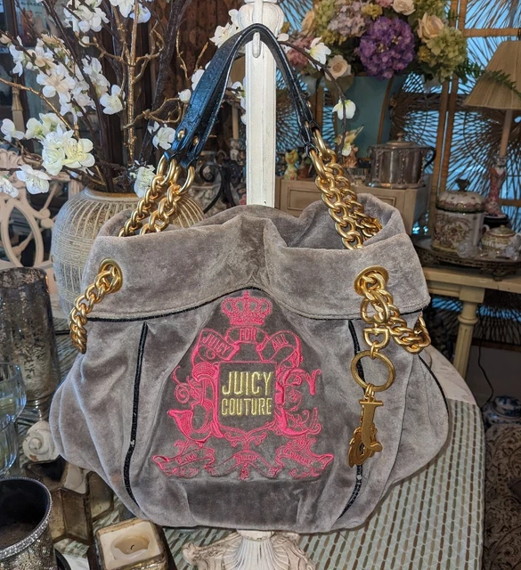 PO Juicy Couture Y2K Grey & Pink Velour Slouchy Hobo Bag With Gold Chains