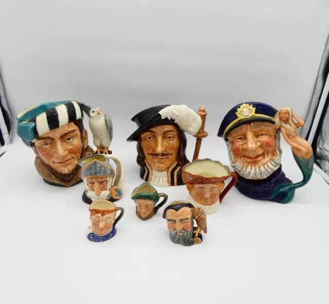 Royal Doulton Toby Character Jugs x8 Old Salt D6551 Falconer D6533 Athos D6439