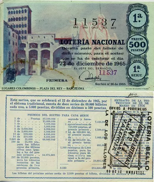 Año 1965. 500 Pts. Nº 11537. Décima parte del billete. 22 de Diciembre.