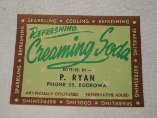 60's Generic P Ryan Boorowa Creaming Soda Cordial Soft Drink Bottle Paper Label