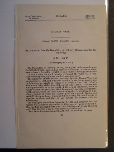 Government Report 1899 Thomas West Granting Him An Honorable Discharge Civil War