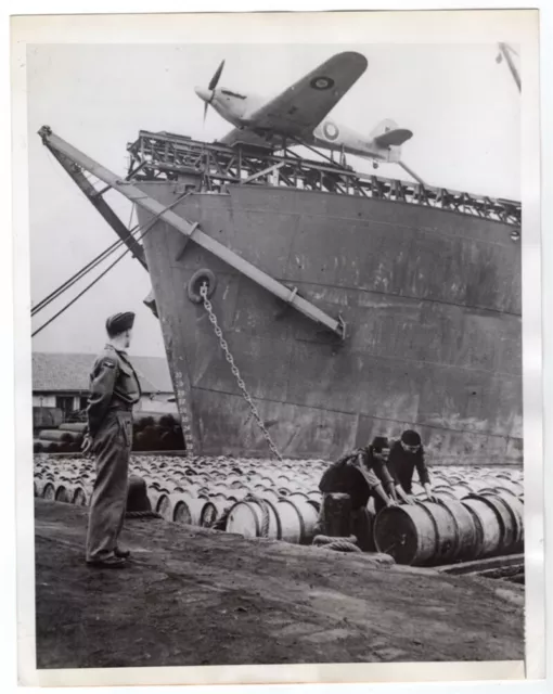 1943 British RAF Catapult Hurricane Fighter on Freighter 7x9 Original News Photo