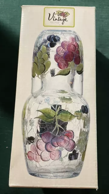 Crackle Glass Bedside Water Carafe Set with Hand-Painted Fruit Grapes New in Box