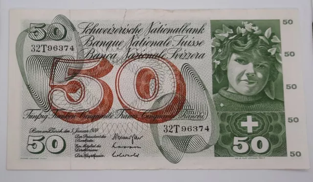 1970 - Switzerland, Suisse - 50 Franken, Francs Banknote, Serial No. 32T 96374