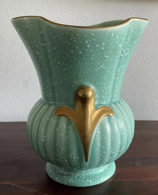 Gorgeous Vintage 1960s Crown Devon Spattered Green Vase With Gold Accents