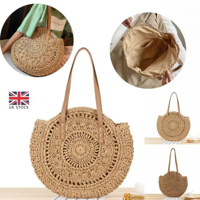 Women Boho Woven Handbag Summer Beach Tote Straw Bag Round Rattan Shoulder UK