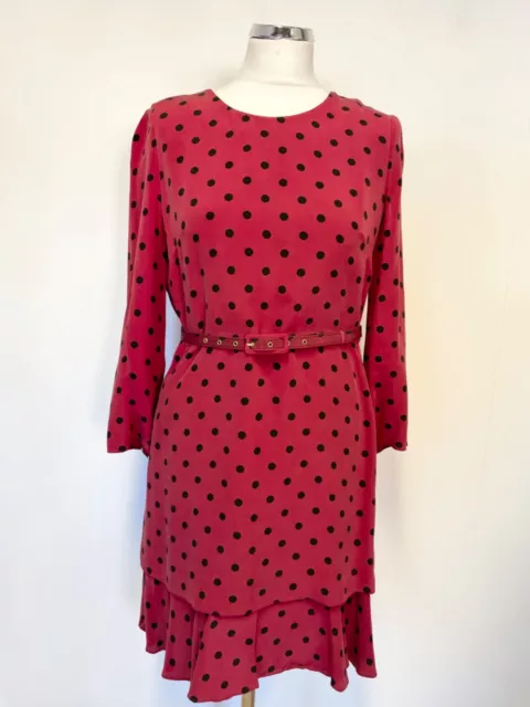 Whistles Silk Dark Red & Black Spot 3/4 Sleeved Belted Tiered Hem Dress Size 12