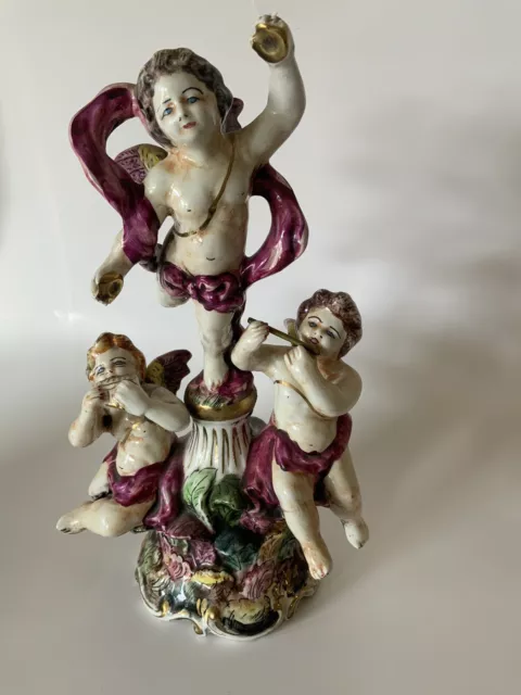 R capodimonte Italy Porcelain Cherub Trio. Mid-Century Naples Keramos Factory.