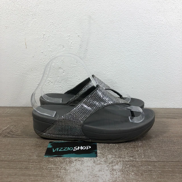 FitFlop Lulu Superglitz Silver Thong Flip Flop Sandals Women's 7 639-011