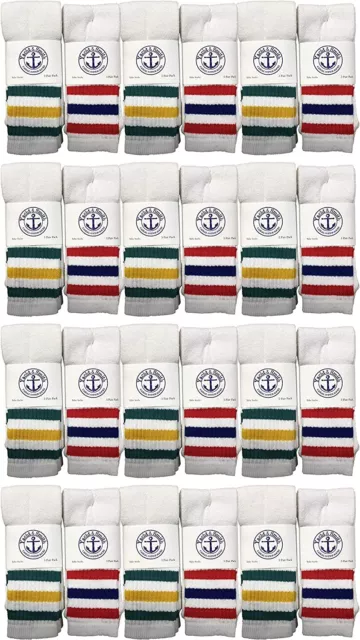 24 Pack of Kids Cotton Tube Socks White With Stripes Size 4-6 - Boys Crew Sock