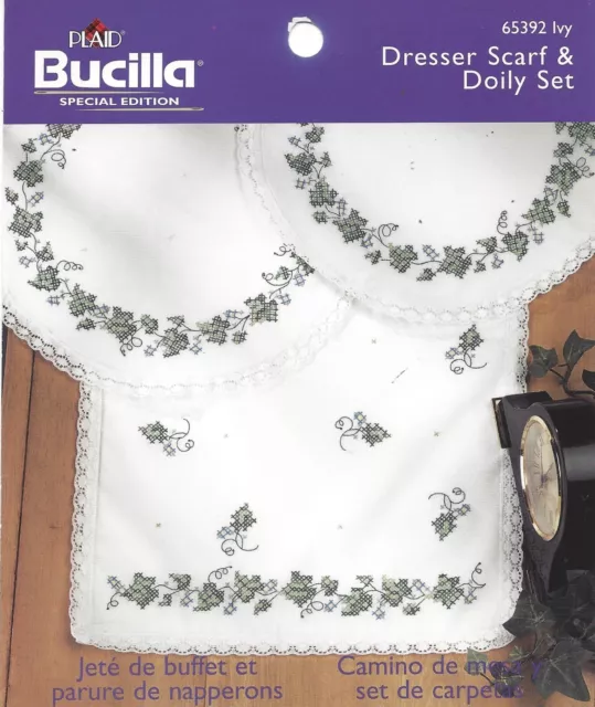 Bucilla Cross Stitch 2 Doilies & Dresser Scarf Set ~ Ivy Design - Includes Floss