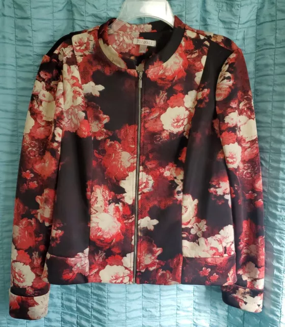 ROZ & ALI Size L Long Sleeve Crew Neck Full-Zip Floral Jacket Polyester/Spandex