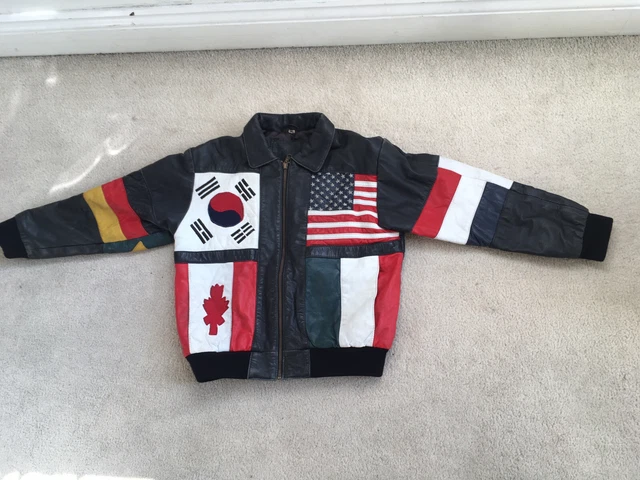 Giacca Bomber Vintage In Pelle Bandiere Mondiali Retro Fase 3 Stile Anni '80 Giacca Bomber Vintage In Pelle Bandiere Mondiali Retro Fase 3 Stile Anni '80