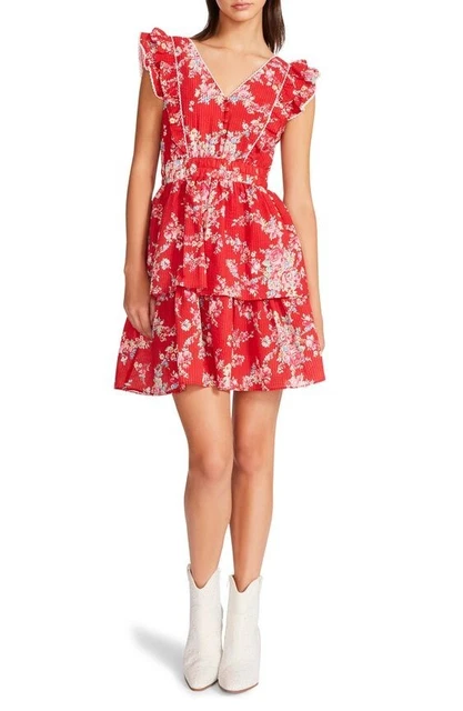 Betsey Johnson Ruffle Dress M Red Floral Flowers Bush Garden Mini Above Knee NWT