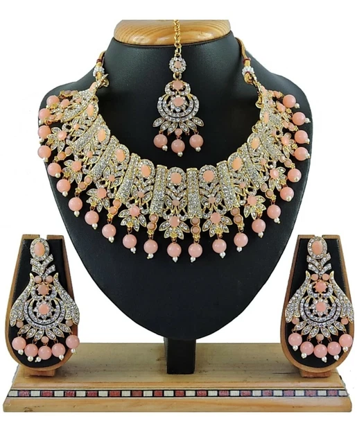 Peach Indian Traditional Wedding Gold Plated Diamond Pearl Stud Bridal Jewelry