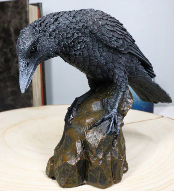 Ebros Perching Raven On Rock Statue Gothic Crow Scavenger Bird Decor 5 1/8" Tall