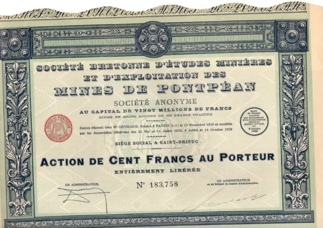 Action Société Bretonne des Mines de PONTPEAN, 100 Francs de 1929