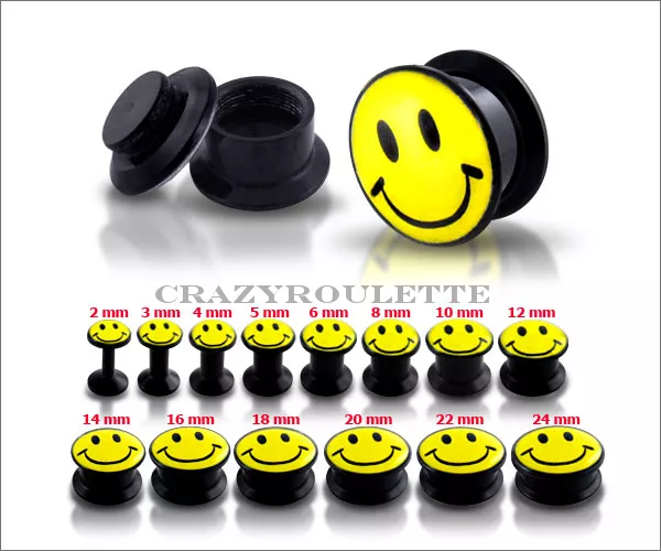 Smiley Flash Plug Acryl Tunnel Ohr Piercing Schwarz Gelb Ohrring Ø 8mm-18mm