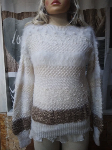 Pull Anny Blatt En Laine Et Fourrure - Vert Turquoise - Taille XL - Neuf Fait Main