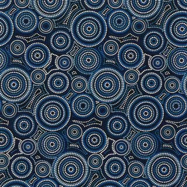 Australian Aboriginal Art Insp Urite Circle Blue Cotton Quilting Fabric 1/2 YD