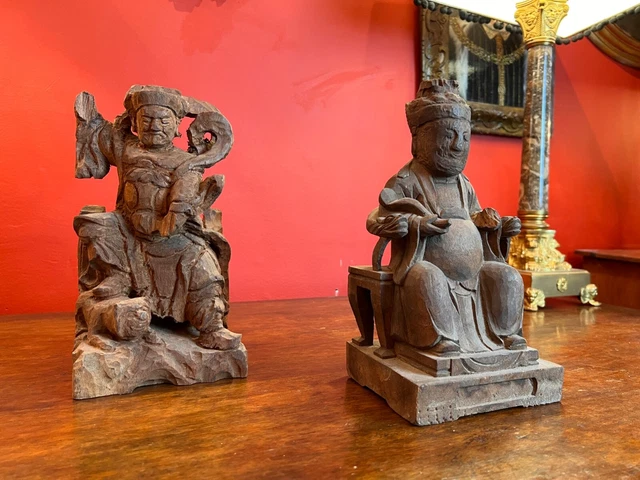 Pair of Late 19th/ Early 20th Century Temple Hand Carved Wood Immortal Statues