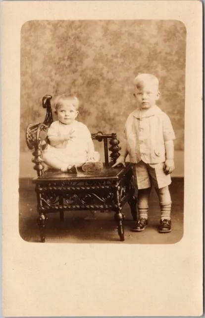 Vintage 1910s Studio RPPC Real Photo Postcard "Johnny Junior & Sis Johnson"