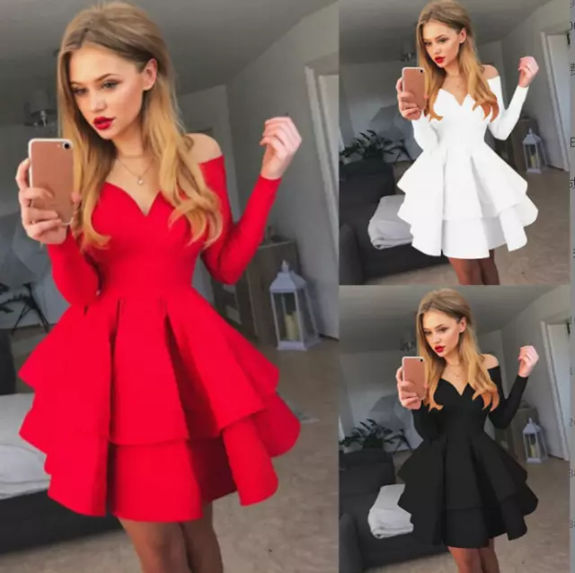 Womens Mini Party Dress V Neck Long Sleeves Prom Evening Cocktail Slim Ball Gown